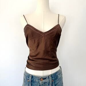 VINTAGE J.CREW BROWN SILK CAMI WITH PINK STITCHING